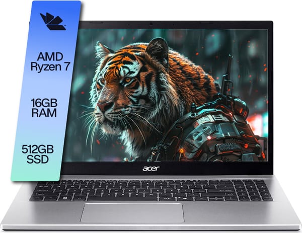 Notebook Acer Aspire Go plateada abierta de frente, pantalla con un tigre, AMD Ryzen 7, 16GB RAM, 512GB SSD