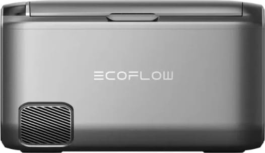 Heladera portátil EcoFlow Glacier Classic gris, vista frontal con logo, rejilla de ventilación y tapa superior cerrada.