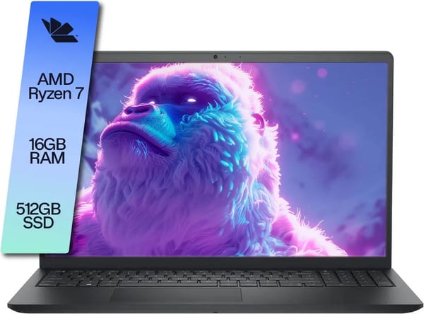 Placa de especificaciones sobre la foto de frente: AMD Ryzen 7, 16GB RAM, 512GB SSD