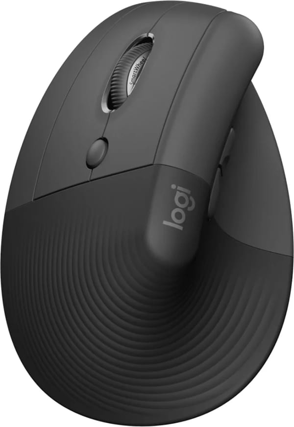 El mouse vertical en tres cuartos desde arriba: la rueda marcada «SmartWheel», el botón de cambio de velocidad y el logo «logi» sobre el flanco